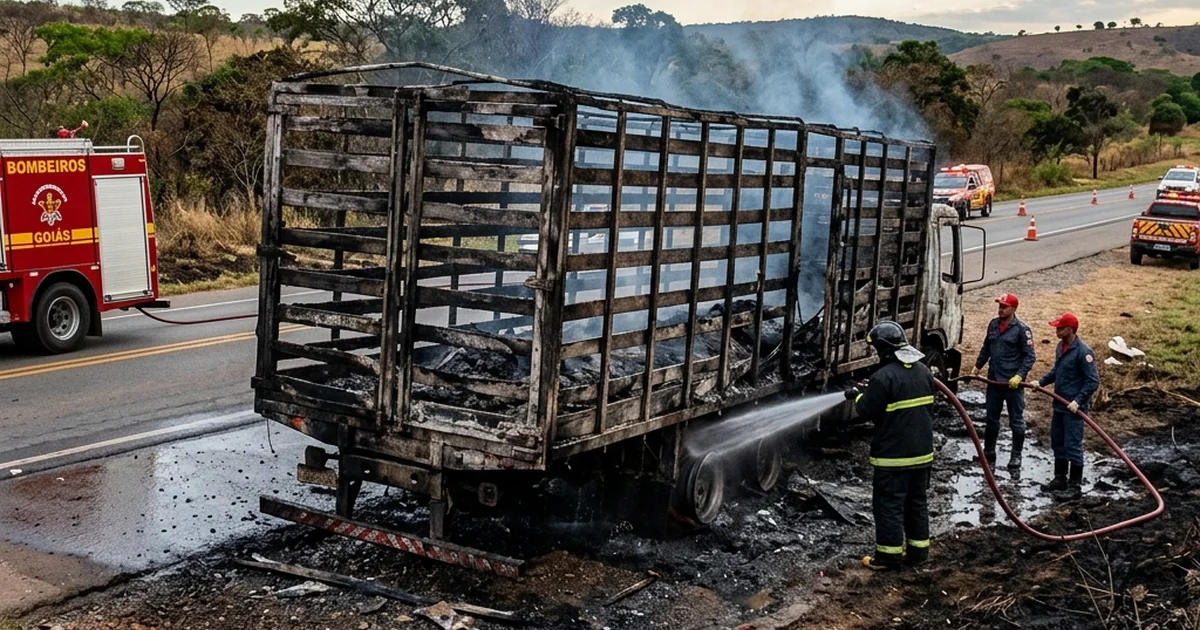 Desastre Ecológico na GO-112: Incêndio em Caminhão Boiadeiro Carboniza 53 Bezerros e Condutor é Preso