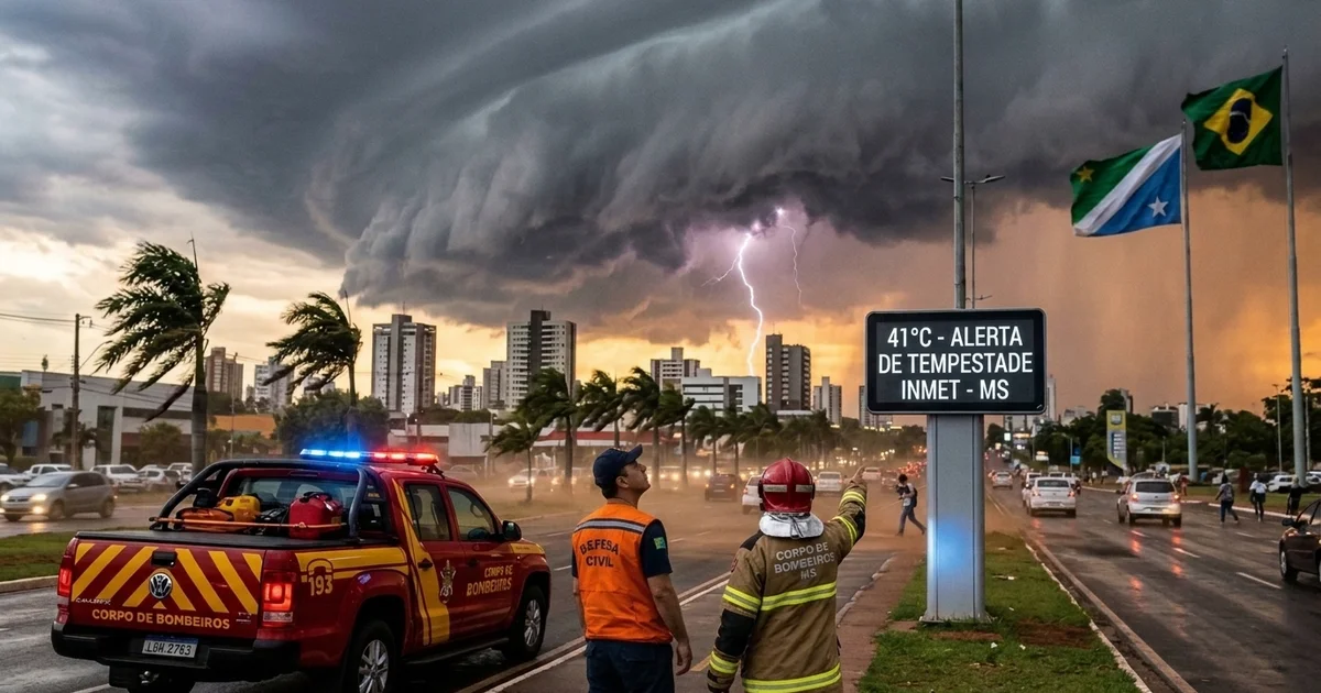 Equipes da Defesa Civil e do Corpo de Bombeiros Militar de Mato Grosso do Sul (CBMMS) monitoram condições severas de tempo e rajadas de vento em Campo Grande sob alerta de tempestade do Inmet — Imagem criada por inteligência artificial.