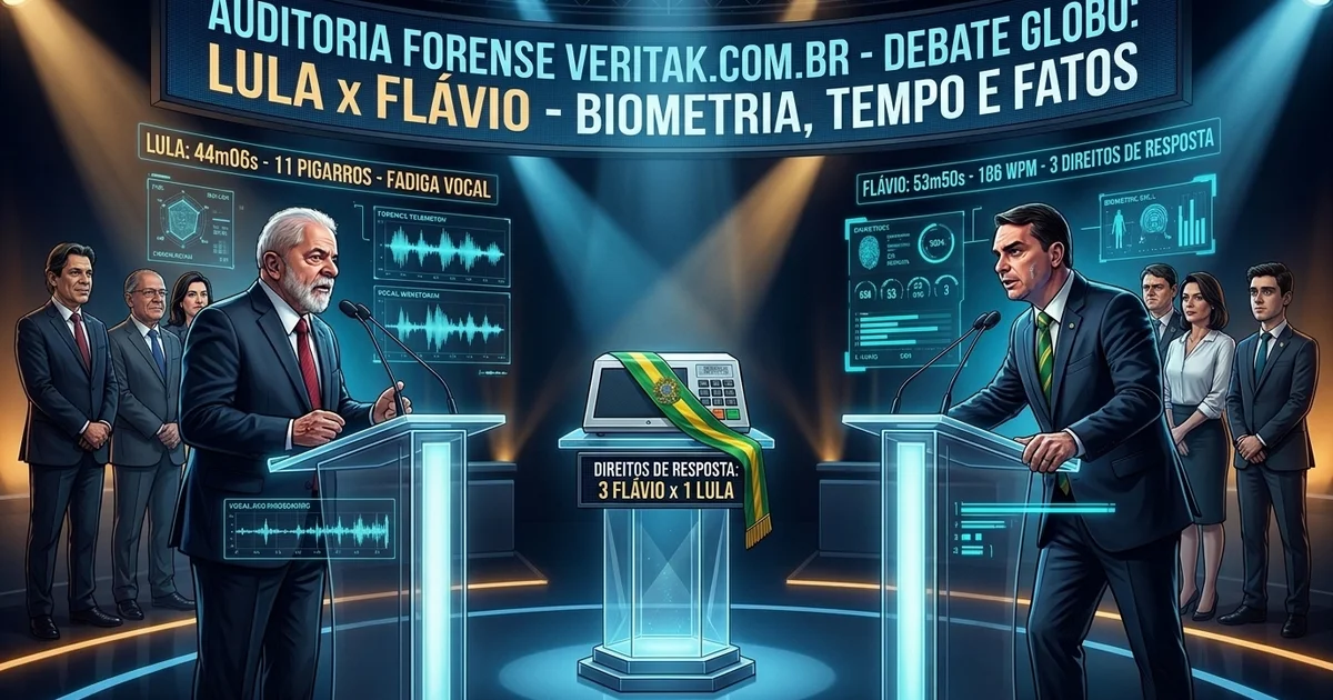 Ilustração editorial da auditoria forense multimodal realizada pela plataforma VeriTAK AI (veritak.com.br) sobre o último debate presidencial de 2026 na TV Globo, destacando a biometria vocal, dominância de tempo e checagem factual — Imagem criada por inteligência artificial.