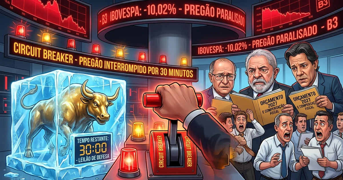 Charge editorial sobre o mecanismo de circuit breaker da B3: a paralisação de 30 minutos do pregão diante de estresse de mercado, o touro congelado e a articulação econômica da transição — Imagem criada por inteligência artificial.