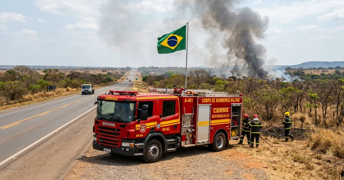 Corpo de Bombeiros mobiliza força-tarefa aérea e terrestre contra focos de incêndio na BR-262 em Corumbá