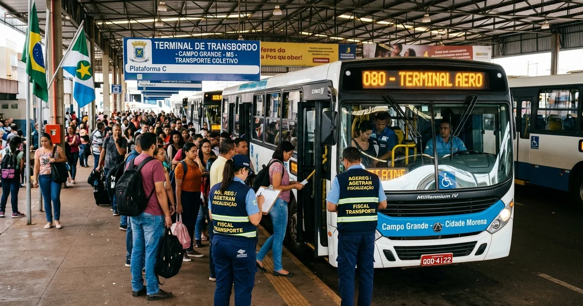 Ônibus do transporte coletivo urbano de Campo Grande operado pelo Consórcio Guaicurus em terminal de transbordo da capital sul-mato-grossense durante período de intervenção municipal e transição societária — Imagem criada por inteligência artificial.