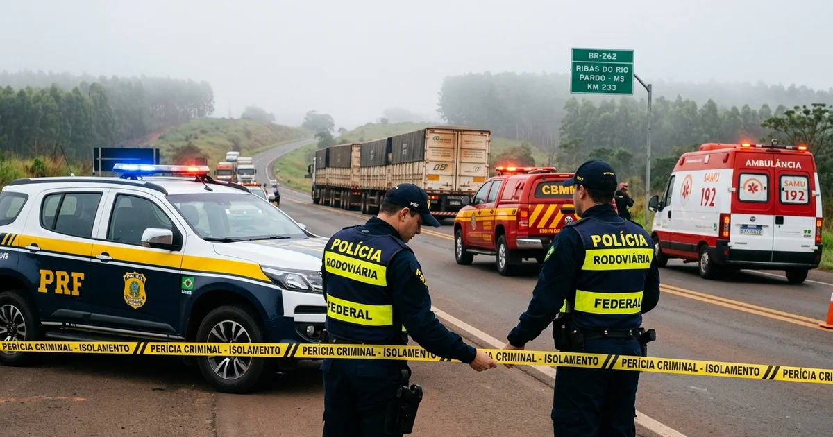 Equipes da Polícia Rodoviária Federal e socorristas atendem grave colisão na rodovia BR-262, em Ribas do Rio Pardo. — Imagem criada por inteligência artificial.