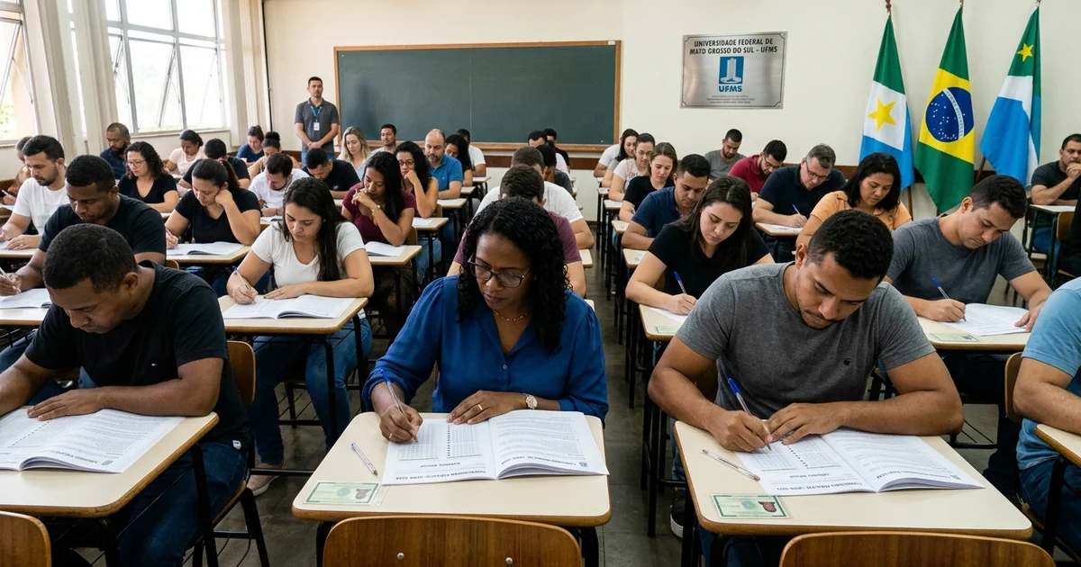 Candidatos realizam provas de concurso público em sala da Universidade Federal de Mato Grosso do Sul (UFMS). — Imagem criada por inteligência artificial.