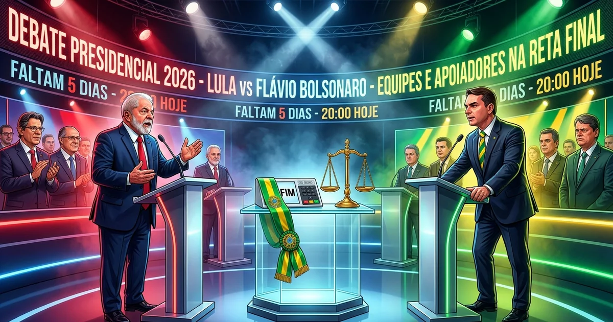 Charge editorial retrata Luiz Inácio Lula da Silva e Flávio Bolsonaro ladeados por seus generais de campanha e apoiadores para o debate presidencial de 2026. — Imagem criada por inteligência artificial.