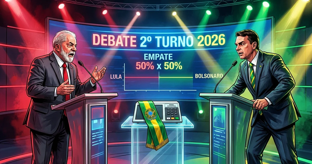 Charge editorial retrata o duelo tenso e decisivo entre Lula e Flávio Bolsonaro em empate técnico de 50% a 50% às vésperas do debate na TV pelo segundo turno de 2026. — Imagem criada por inteligência artificial.