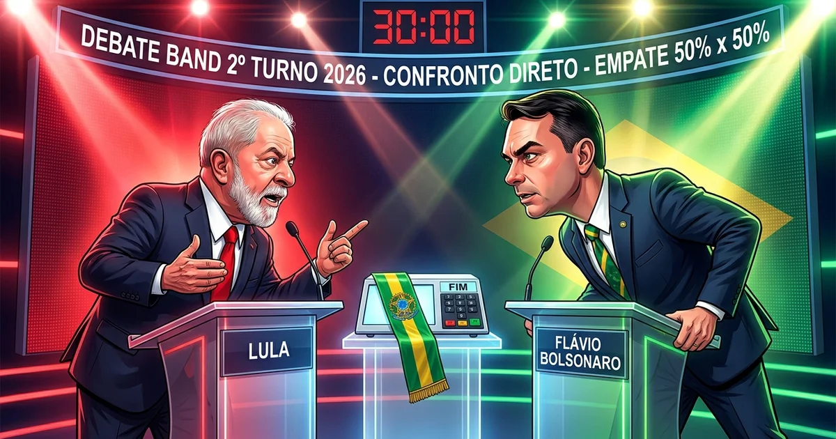 Charge editorial retrata Luiz Inácio Lula da Silva e Flávio Bolsonaro nos púlpitos da Band em confronto direto pelo segundo turno presidencial de 2026. — Imagem criada por inteligência artificial.