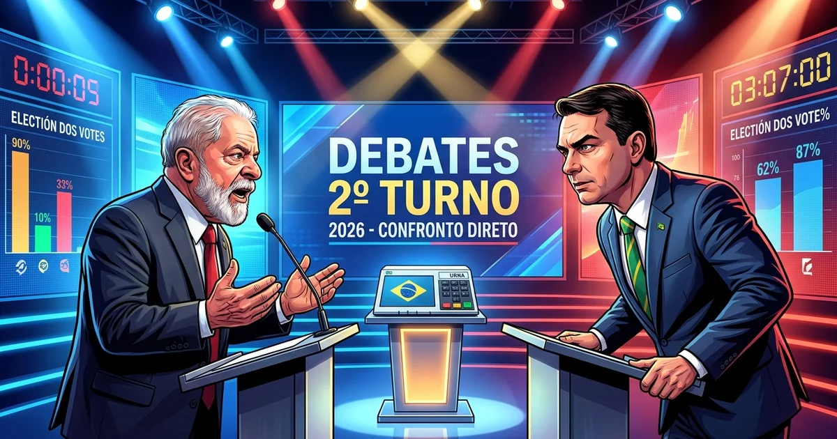 Duelo nos debates presidenciais: Lula e Flávio Bolsonaro frente a frente na disputa pelo voto dos indecisos na reta final de 2026. — Imagem criada por inteligência artificial.