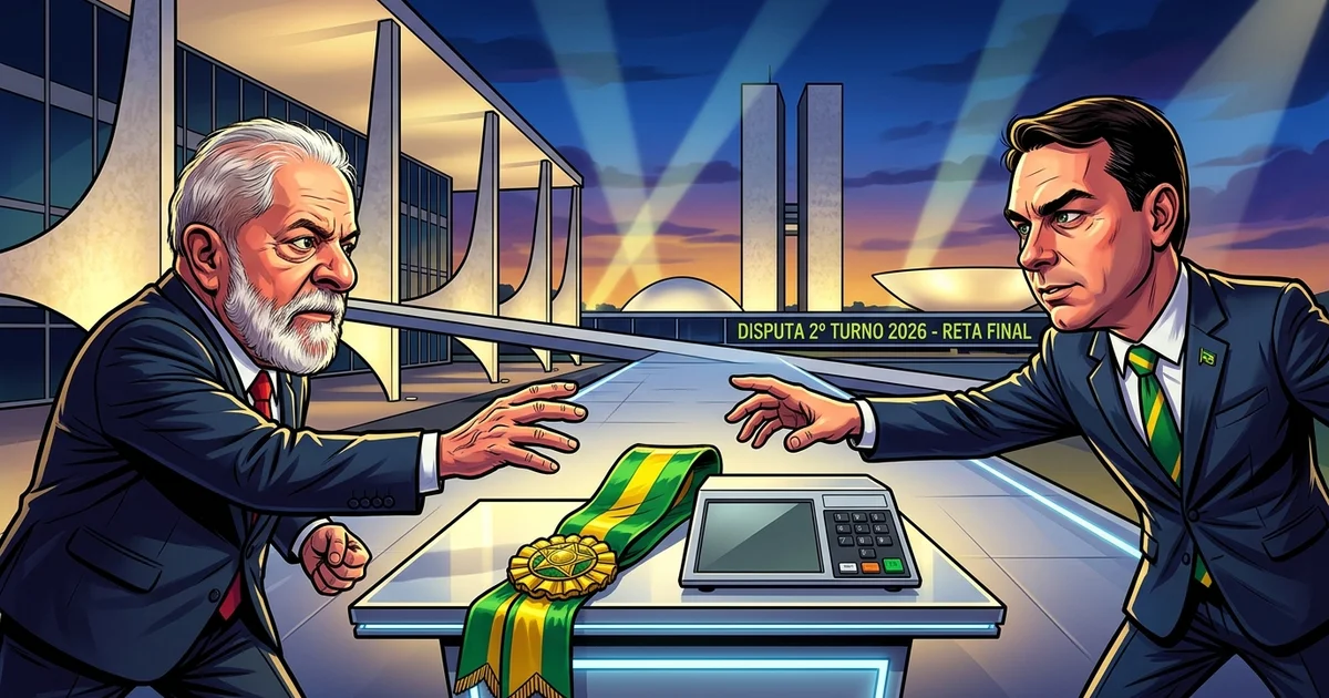 Lula e Flávio Bolsonaro na disputa simbólica pela faixa presidencial e pela vitória nas urnas do segundo turno. — Imagem criada por inteligência artificial.