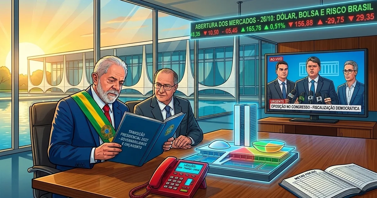 Charge editorial com os bastidores do Day After da eleição de 2026: Lula e Geraldo Alckmin na largada da transição com a maquete do Congresso, a oposição liderada por Flávio Bolsonaro e Tarcísio de Freitas e o termômetro dos mercados na abertura desta segunda-feira — Imagem criada por inteligência artificial.
