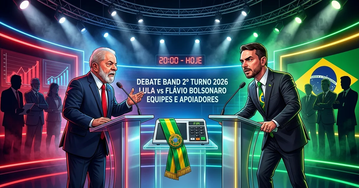 Charge editorial retrata Luiz Inácio Lula da Silva e Flávio Bolsonaro nos púlpitos da Band, ladeados por suas respectivas equipes e apoiadores na véspera do debate do segundo turno de 2026. — Imagem criada por inteligência artificial.