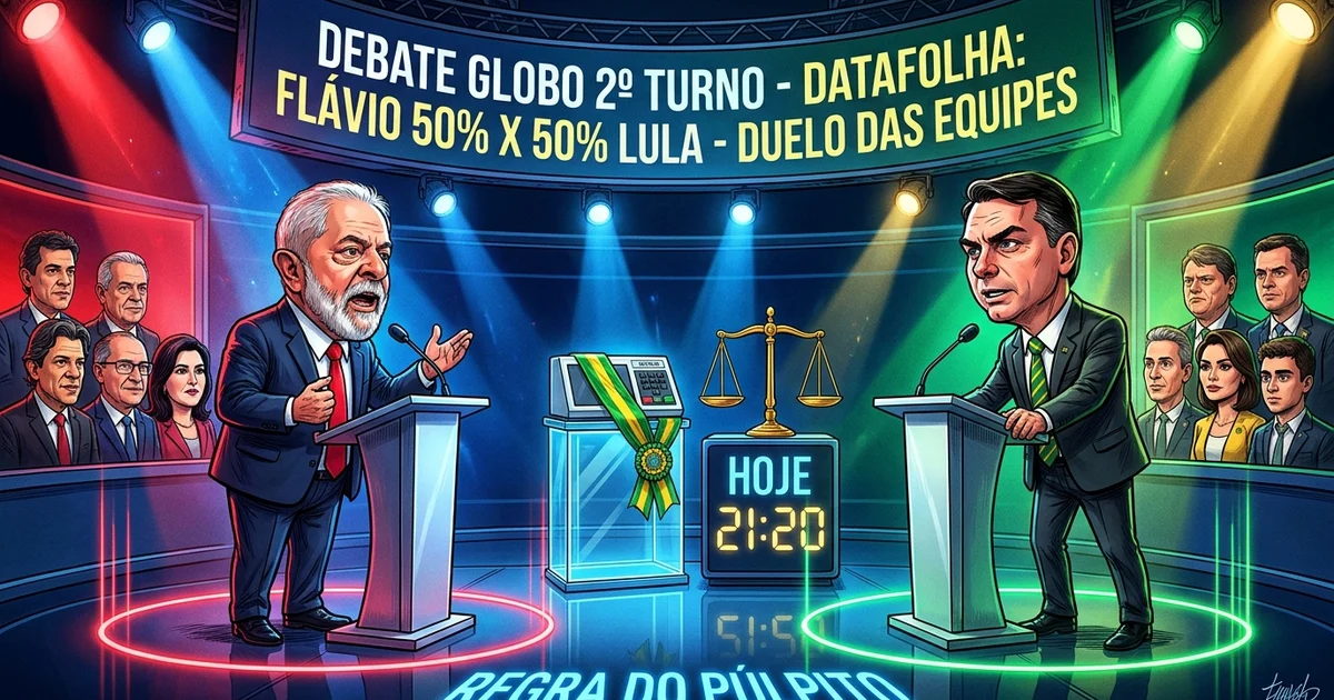 Ilustração editorial do último debate presidencial do segundo turno de 2026 hoje na TV Globo entre Luiz Inácio Lula da Silva e Flávio Bolsonaro, destacando a regra de confinamento nos púlpitos, o empate em 50% a 50% e o duelo de bastidores entre suas equipes e apoiadores — Imagem criada por inteligência artificial.