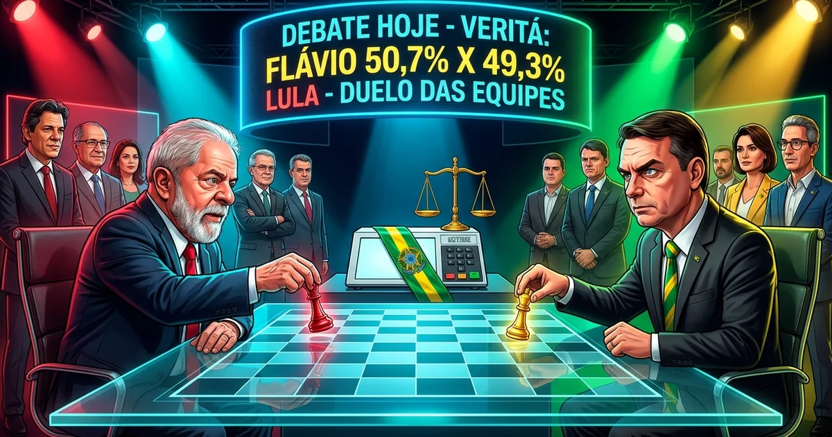 Charge editorial do duelo estratégico entre Luiz Inácio Lula da Silva e Flávio Bolsonaro no debate presidencial do segundo turno de 2026, com o placar da pesquisa Veritá (50,7% a 49,3%) e suas equipes de campanha e apoiadores — Imagem criada por inteligência artificial.
