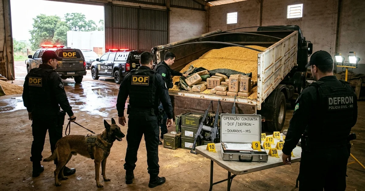 Policiais táticos do DOF e agentes da Defron realizam inspeção e apreensão de armamento e drogas em galpão na zona rural de Dourados — Imagem criada por inteligência artificial.
