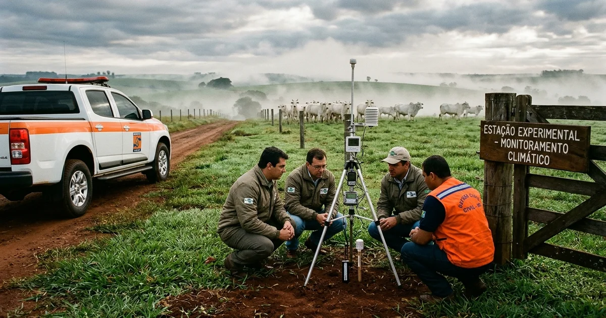 Pesquisadores da Embrapa Agropecuária Oeste e agentes da Defesa Civil Estadual monitoram sensores meteorológicos e avaliam áreas de pasto e lavouras atingidas pelo choque térmico em MS — Imagem criada por inteligência artificial.