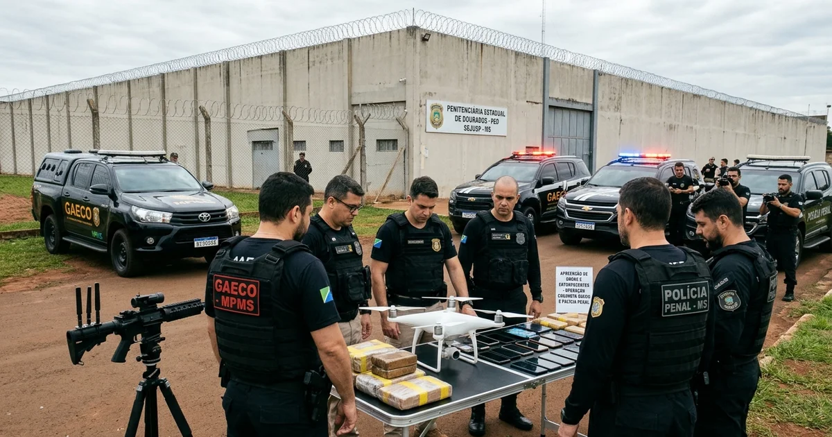 Agentes do GAECO e da Polícia Penal de MS durante perícia e apreensão de drones de carga, cocaína e celulares interceptados na Penitenciária Estadual de Dourados (PED) — Imagem criada por inteligência artificial.