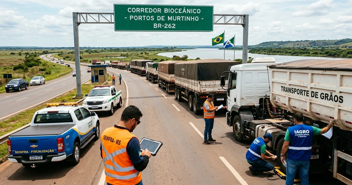Equipes da Seinfra e da Iagro fiscalizam comboios de bitrens e realizam pesagem emergencial na BR-262 diante da migração de cargas da hidrovia do Rio Paraguai para as rodovias em MS — Imagem criada por inteligência artificial.