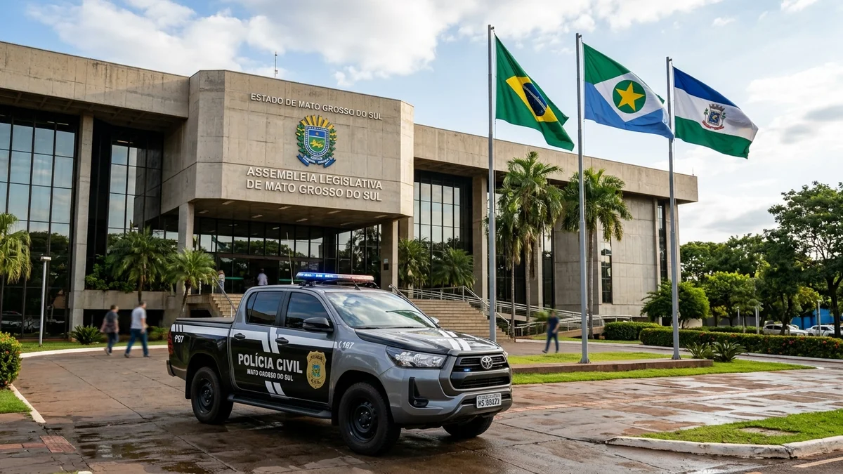 Registro oficial da Assembleia Legislativa de MS e viatura da PCMS — Foto: Divulgação