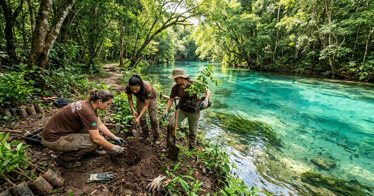 Biólogos do Imasul e técnicos ambientais monitoram o plantio de mudas nativas em área de preservação permanente (APP) nas margens do Rio Formoso, em Bonito.