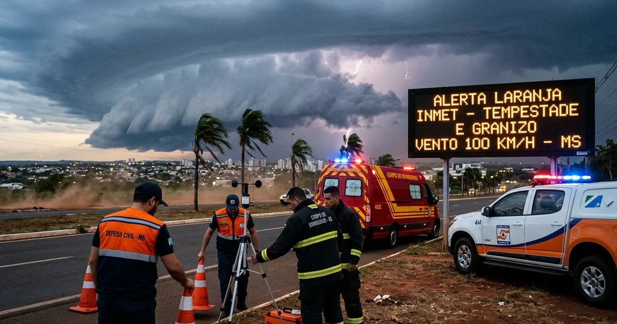 Equipes da Defesa Civil Estadual e militares do Corpo de Bombeiros em prontidão com viaturas e equipamentos de monitoramento diante de muralha de nuvem de tempestade em rodovia de Mato Grosso do Sul — Imagem criada por inteligência artificial.