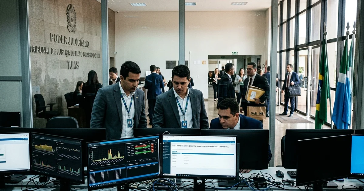 Especialistas de tecnologia da informação e segurança cibernética monitoram os sistemas processuais eproc e portal do Tribunal de Justiça de Mato Grosso do Sul (TJMS), em Campo Grande — Imagem criada por inteligência artificial.