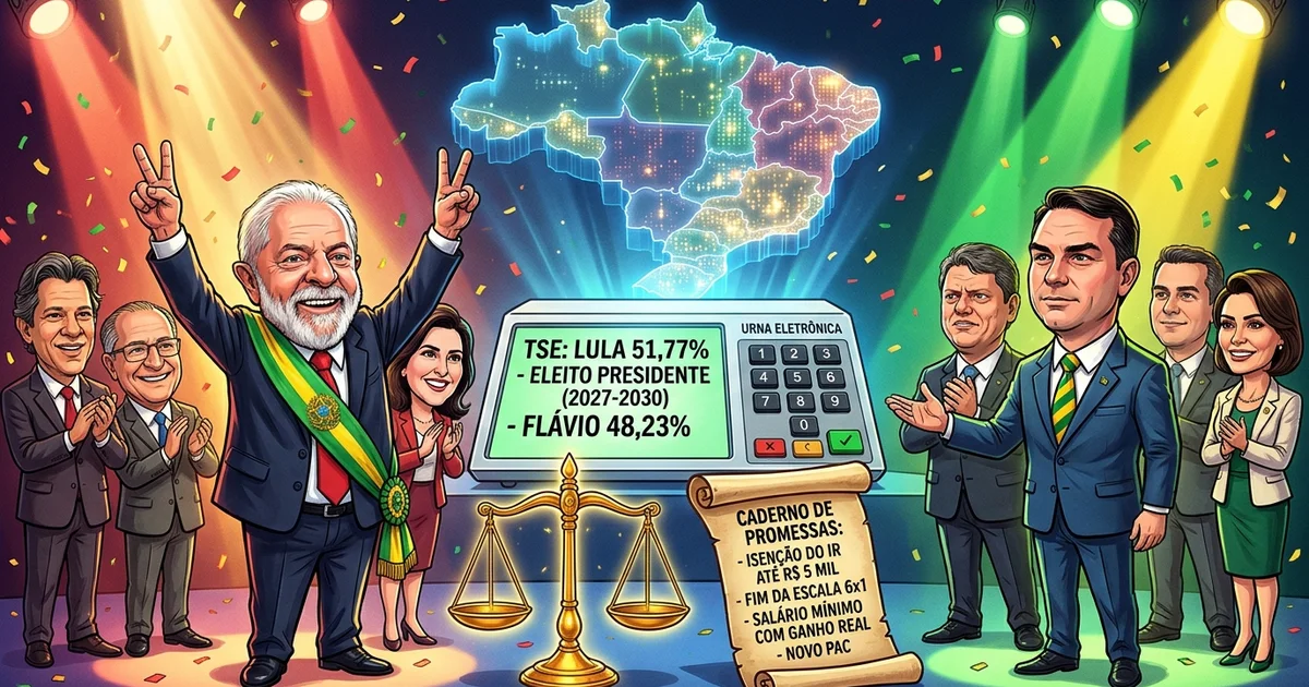 Charge editorial com a vitória de Luiz Inácio Lula da Silva com 51,77% dos votos válidos na apuração do TSE contra Flávio Bolsonaro (48,23%), com a urna eletrônica, a faixa presidencial e o caderno de promessas para 2027 — Imagem criada por inteligência artificial.