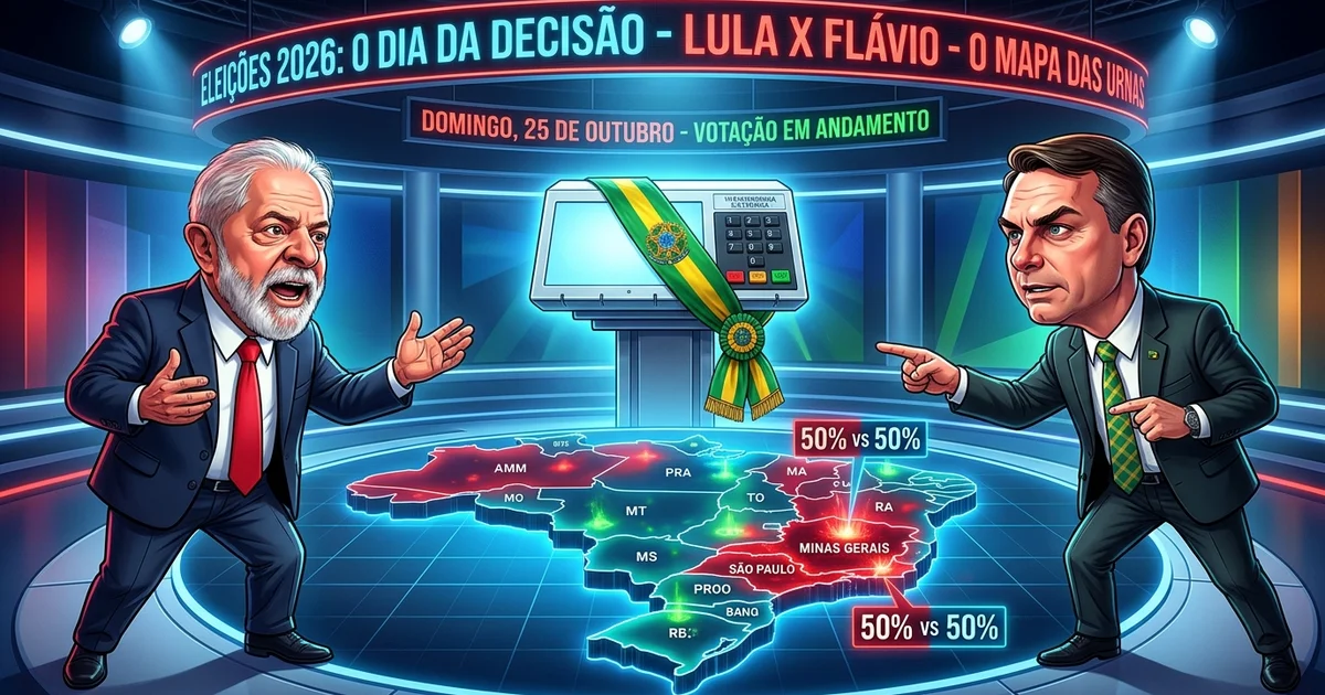 Charge editorial retratando Lula e Flávio Bolsonaro no dia da eleição diante da urna eletrônica sobre o mapa de probabilidades estado por estado do Brasil — Imagem criada por inteligência artificial.