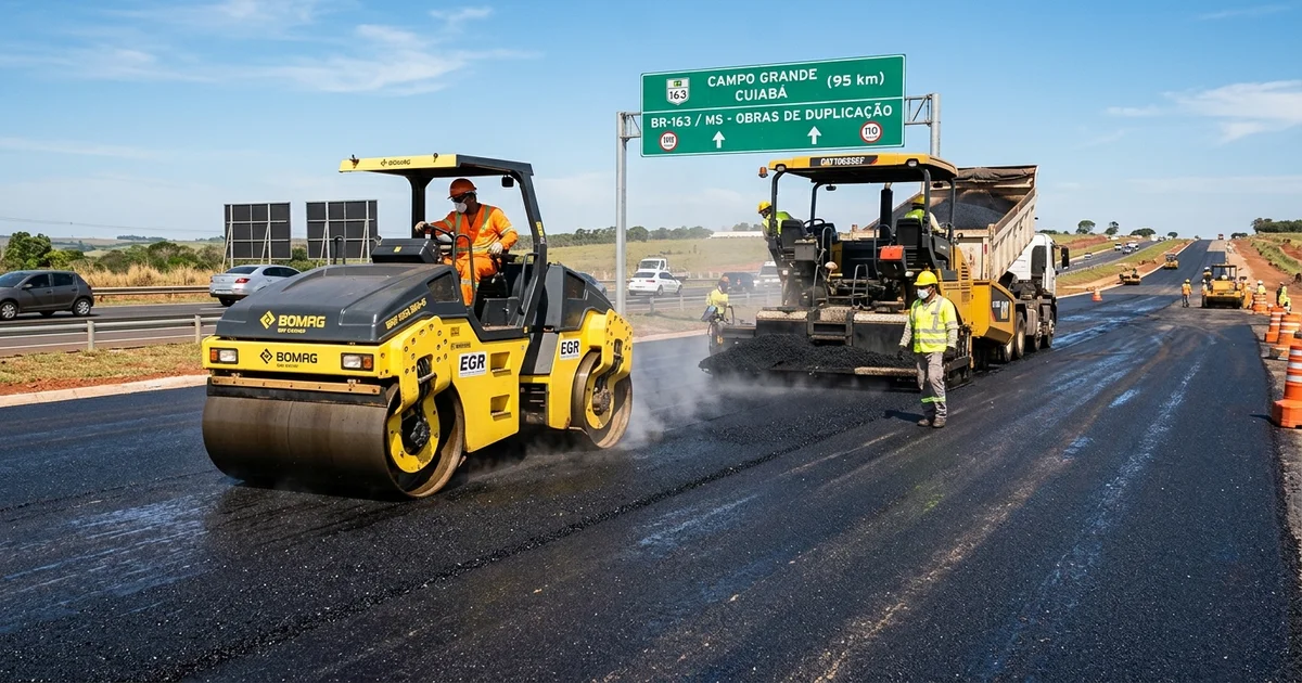 Maquinário pesado de pavimentação asfáltica executa obra de duplicação em rodovia estadual de Mato Grosso do Sul para melhoria do escoamento rodoviário.