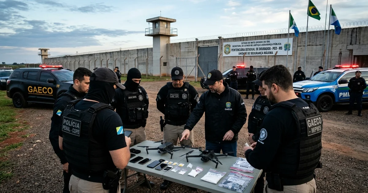 Agentes do Gaeco/MPMS e do COPE durante cumprimento de mandados e apreensão de drones e celulares na Penitenciária Estadual de Dourados (PED) — Imagem criada por inteligência artificial.