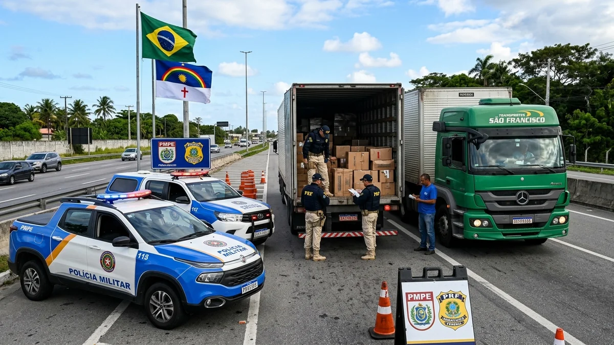 Barreira policial e inspeção de transporte de cargas em rodovia federal em PE — Foto: Divulgação