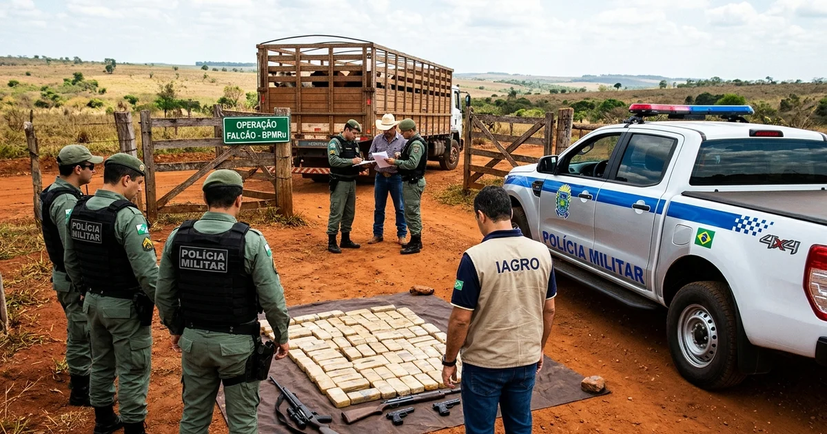 Policiais do Batalhão de Polícia Militar Rural (BPMRu/PMMS) realizam bloqueio tático e fiscalização de cargas e transporte bovino em estrada vicinal de Mato Grosso do Sul durante a Operação Falcão — Imagem criada por inteligência artificial.