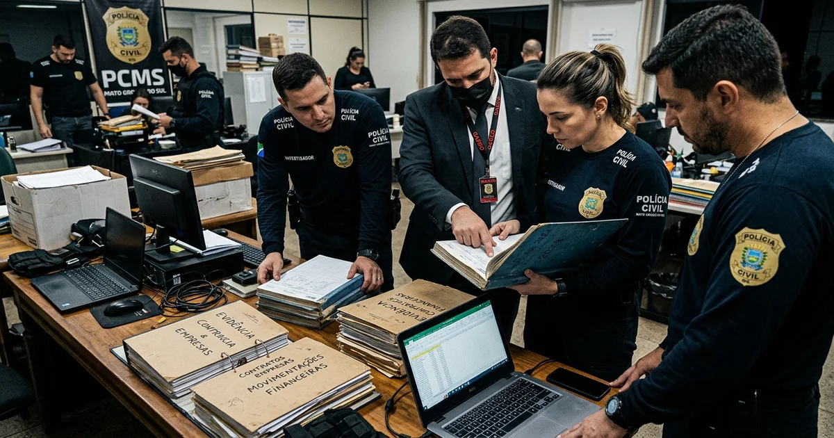 Promotores do Gaeco e agentes da Polícia Civil de Mato Grosso do Sul organizam documentos e mídias apreendidas durante o cumprimento de mandados da Operação Corte Limpo.