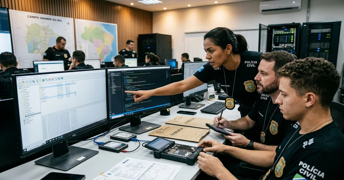 Investigadores da Polícia Civil de Mato Grosso do Sul analisam equipamentos eletrônicos e dados bancários apreendidos durante a Operação Alvo Digital em Campo Grande.