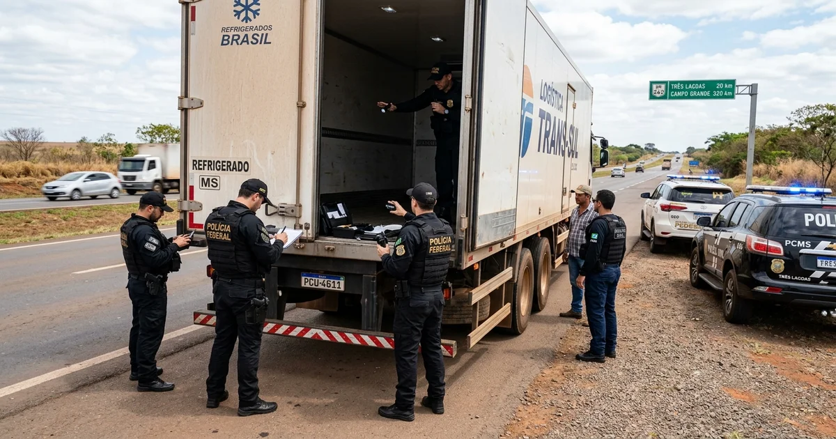 Agentes da Polícia Federal e da Polícia Civil de Mato Grosso do Sul realizam a extração de tabletes de entorpecentes ocultos em fundo falso de veículo abordado na BR-262.