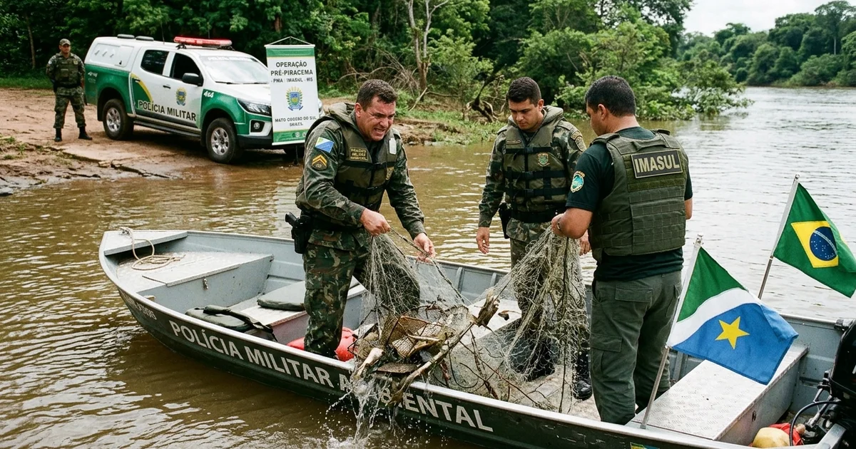Policiais do Batalhão de Polícia Militar Ambiental (PMA/PMMS) realizam patrulhamento fluvial embarcado e fiscalização de petrechos de pesca em rio de Mato Grosso do Sul durante a operação pré-Piracema — Imagem criada por inteligência artificial.