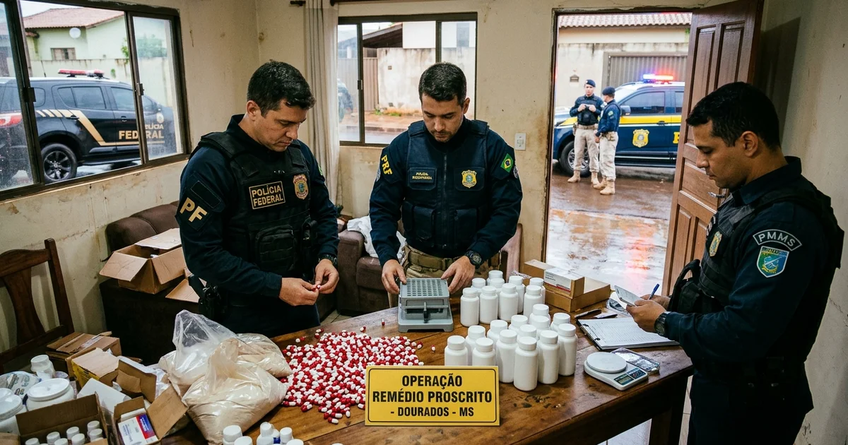 Agentes da Polícia Federal (PF), Polícia Rodoviária Federal (PRF) e Polícia Militar de Mato Grosso do Sul (PMMS) inspecionam maquinário, insumos químicos e milhares de cápsulas de clobenzorex apreendidos durante a Operação Remédio Proscrito no bairro Jardim Hilda, em Dourados — Imagem criada por inteligência artificial.