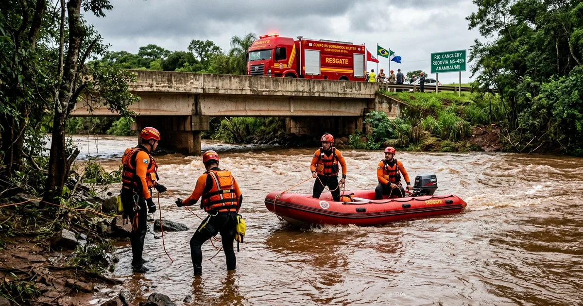 Militares e mergulhadores do Corpo de Bombeiros Militar de Mato Grosso do Sul (CBMMS) durante operação de busca e salvamento nas águas turbulentas do Rio Canguery, junto à rodovia MS-485, entre Amambai e Aral Moreira — Imagem criada por inteligência artificial.