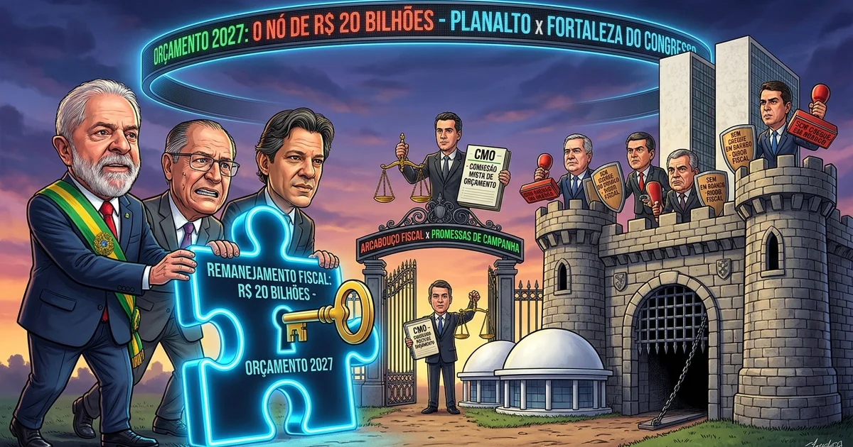 Charge editorial retrata a disputa entre a equipe de transição e o Congresso Nacional pelo remanejamento de R$ 20 bilhões no Orçamento de 2027 — Imagem criada por inteligência artificial.