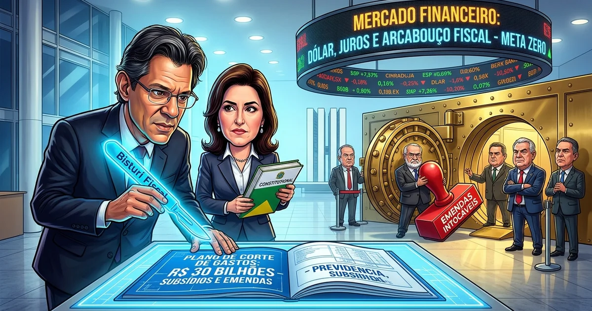 Charge editorial retrata os ministros Fernando Haddad e Simone Tebet desenhando o plano de corte de R$ 30 bilhões no Orçamento sob forte resistência dos líderes no Congresso — Imagem criada por inteligência artificial.