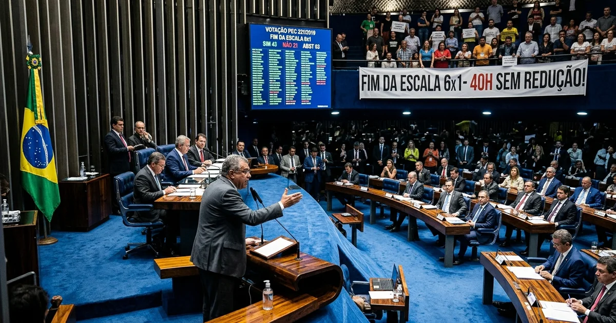 Plenário do Senado Federal durante a deliberação da PEC que reduz a jornada máxima para 40 horas e extingue a escala 6x1 no Brasil. — Imagem criada por inteligência artificial.
