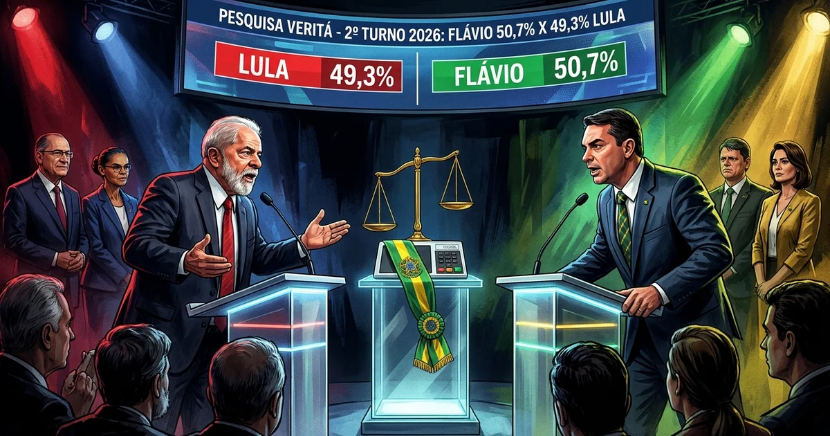 Ilustração editorial do confronto entre Luiz Inácio Lula da Silva e Flávio Bolsonaro no debate presidencial do segundo turno de 2026, destacando o placar da pesquisa Veritá (50,7% a 49,3%) e suas equipes de campanha — Imagem criada por inteligência artificial.