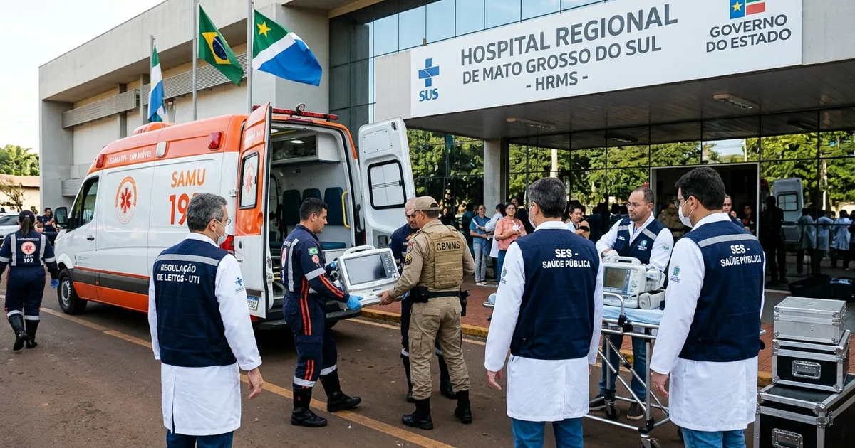Equipes técnicas da SES-MS e socorristas do Samu recebem equipamentos e novas unidades móveis de suporte avançado em frente ao Hospital Regional de MS durante ativação do plano de contingência — Imagem criada por inteligência artificial.