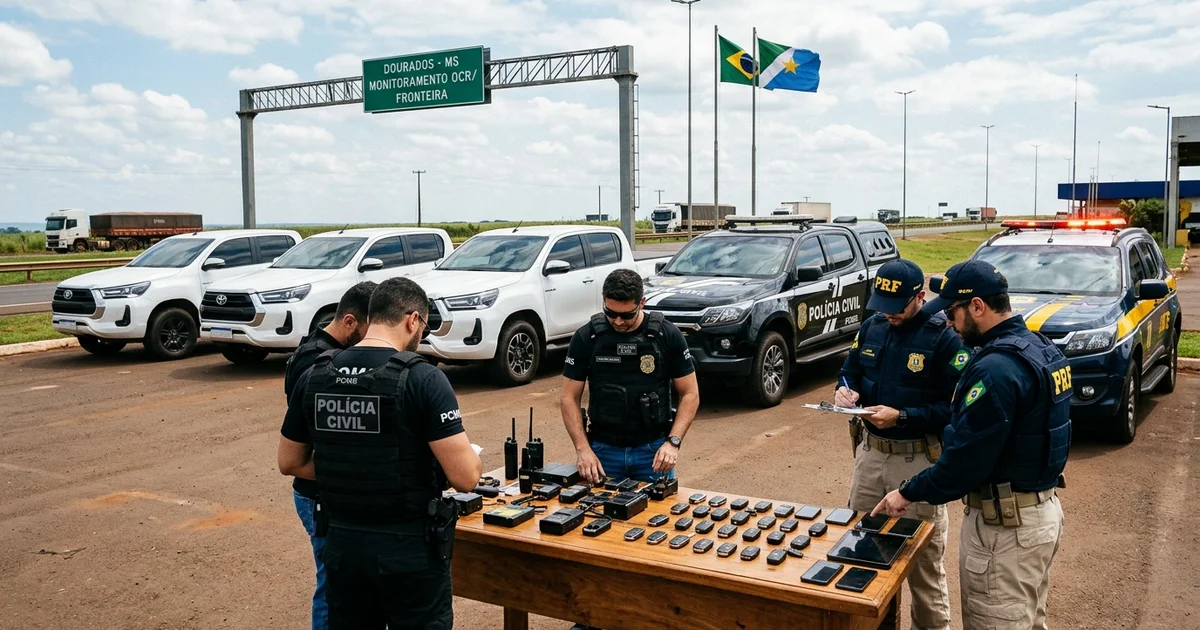 Agentes da Polícia Civil de Mato Grosso do Sul (PCMS) e da Polícia Rodoviária Federal (PRF) inspecionam caminhonetes recuperadas e dispositivos eletrônicos de furto apreendidos na região de Dourados — Imagem criada por inteligência artificial.