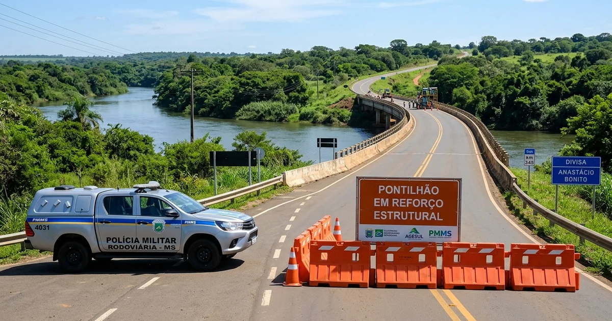 Tráfego na ponte sobre o Rio Miranda na MS-345 é interrompido para obras estruturais emergenciais