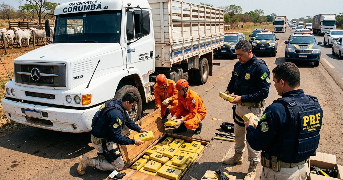 Tráfico Oculto: PRF Apreende 195,8 kg de Cocaína sob Carroceria de Gado na BR-262 em Corumbá