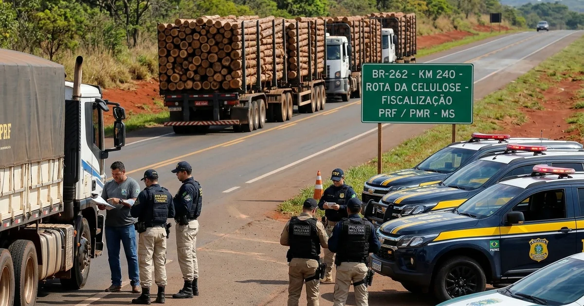 Policiais rodoviários federais e estaduais realizam fiscalização de velocidade e tacógrafos de bitrens na BR-262 em MS — Imagem criada por inteligência artificial.