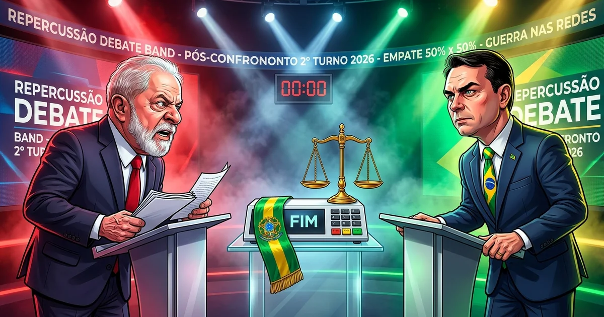 Charge editorial retrata Luiz Inácio Lula da Silva e Flávio Bolsonaro após o tenso confronto do debate da Band pelo segundo turno de 2026. — Imagem criada por inteligência artificial.