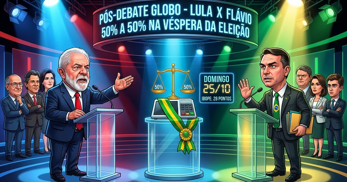 Ilustração editorial da repercussão do último debate do segundo turno de 2026 na TV Globo entre Luiz Inácio Lula da Silva e Flávio Bolsonaro, destacando a audiência recorde de 28 pontos, a guerra de cortes das equipes e a contagem regressiva de 24 horas para a abertura das urnas — Imagem criada por inteligência artificial.