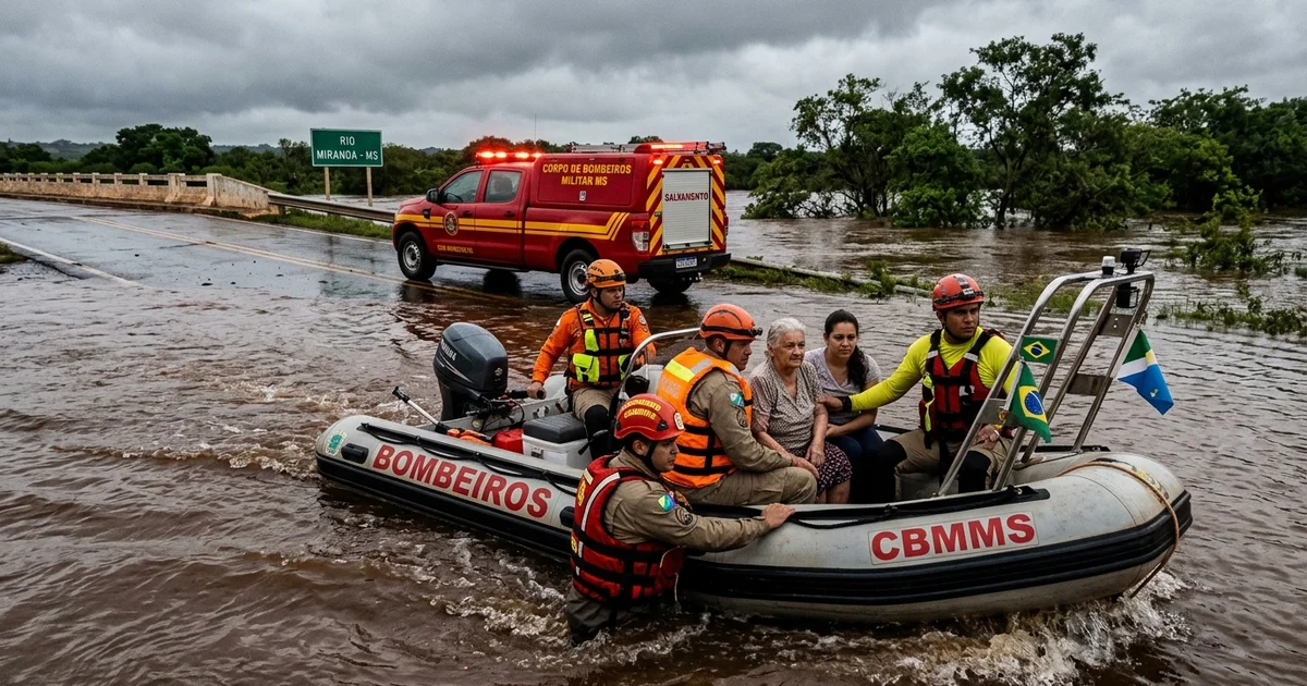Equipes do Corpo de Bombeiros Militar de MS e da Defesa Civil monitoram a elevação crítica das águas do Rio Miranda no Pantanal. — Imagem criada por inteligência artificial.