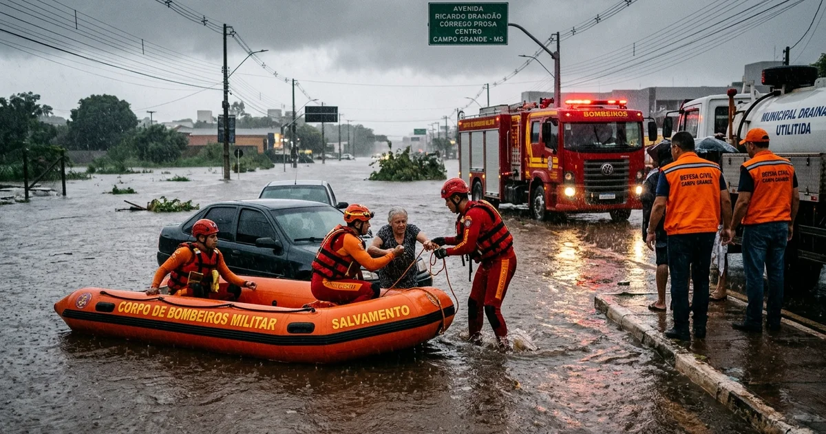 Mergulhadores e militares do Corpo de Bombeiros operam bote de salvamento durante alagamento na bacia do Córrego Prosa em Campo Grande — Imagem criada por inteligência artificial.